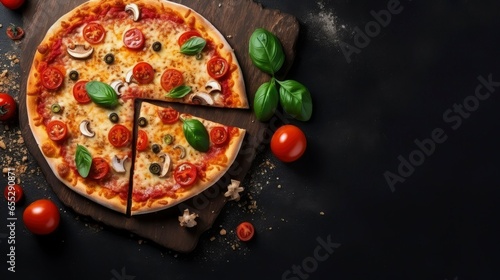 Pizza on dark background copy space flat lay space for text