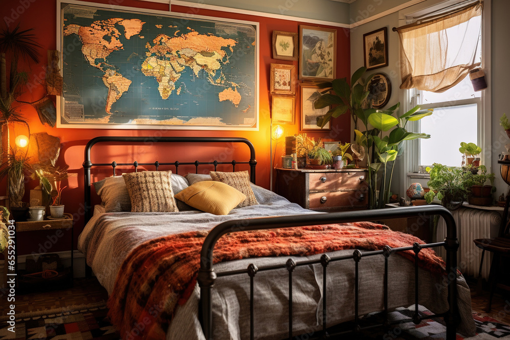 Modern guest bedroom with a wrought bed layered patterned bedding and a collection of vintage travel posters and world map on the wall Modern guest bedroom with a wrought bed layered patterned bedding and a collection of vintage travel posters and world map on the wall
