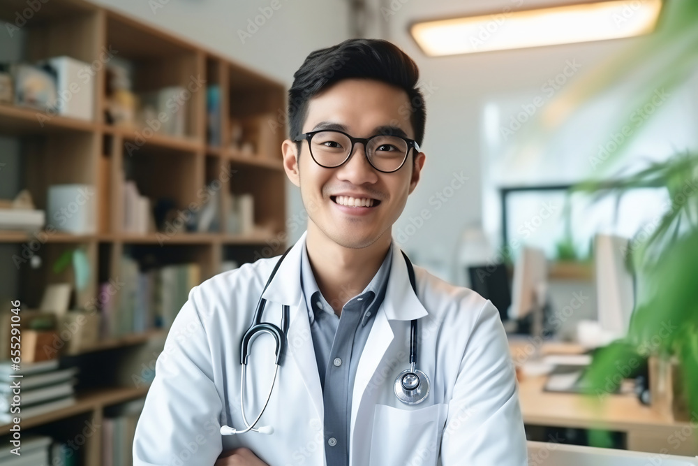 Young Thai handsome man wearing doctor uniform and stethoscope with a happy smile. Lucky person Young Thai handsome man wearing doctor uniform and stethoscope with a happy smile. Lucky person