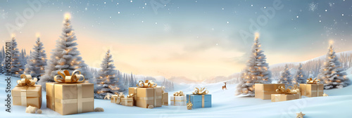 Golden gift boxes with ribbon and ornament decoration on winter background. panoramic. © Radala