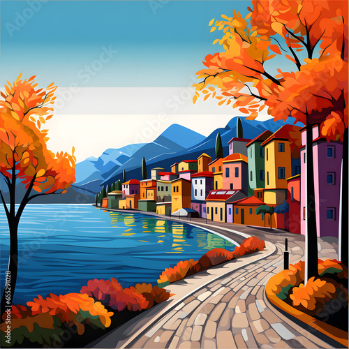 autumn landscape with houses and trees, pop art, generative AI