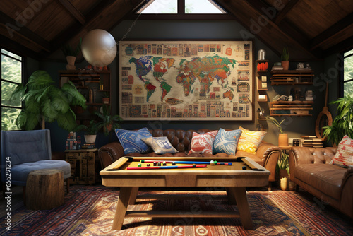 Pool table game room with dartboard, vintage arcade games, a rustic-style interior, a cozy seating area with patterned cushions, and a wall adorned with global-inspired artwork. photo