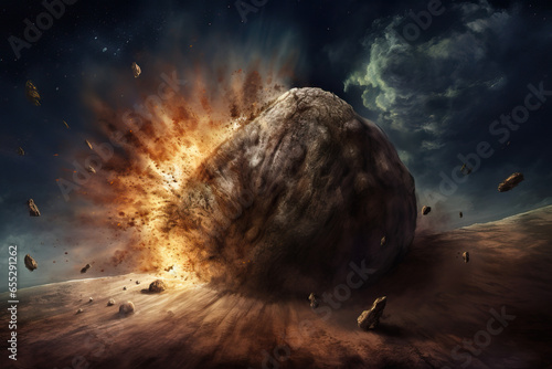 Illustration of a meteor astroid hitting earth with an explosion photo