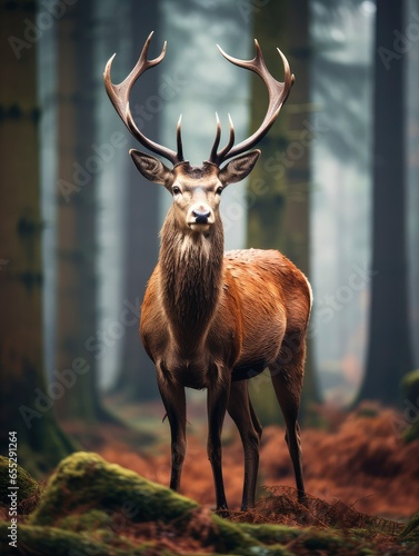 An antlered deer against a forest background