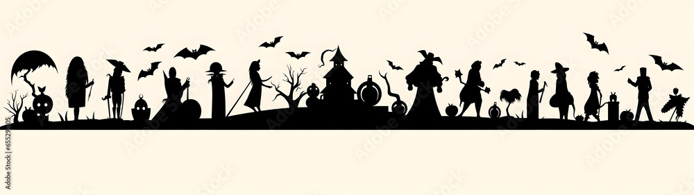 Obraz premium Haunting Silhouettes: Halloween Black Icons and Characters Isolated on a Pale Background