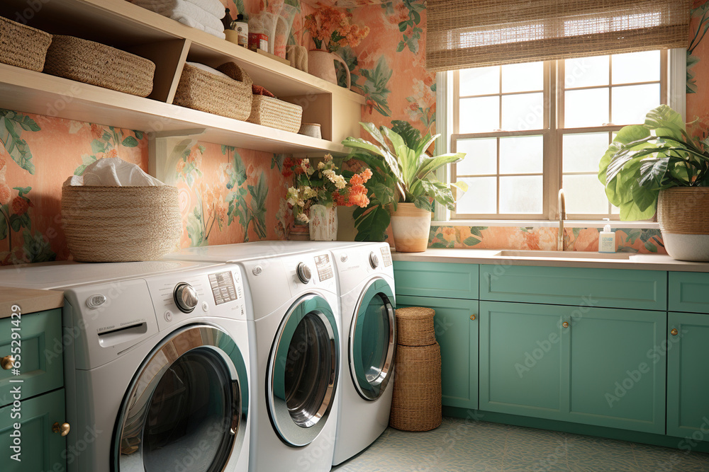A laundry room showcasing colorful patterned wallpaper, vintage-inspired storage solutions, and an assortment of woven baskets. - obrazy, fototapety, plakaty 