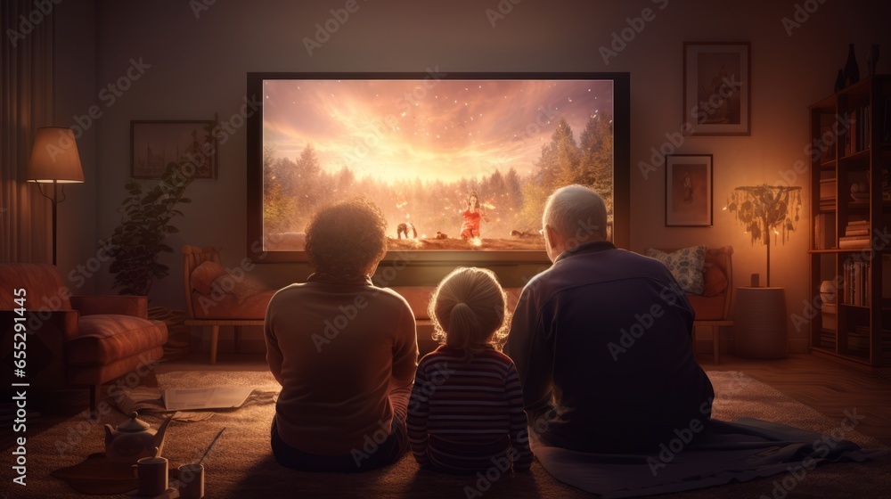 Generative AI image of a Grandparents and grandchildren watching a movie on the tv in the living room at home - obrazy, fototapety, plakaty 