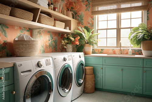 A laundry room showcasing colorful patterned wallpaper, vintage-inspired storage solutions, and an assortment of woven baskets.