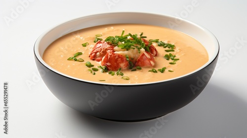 an appetizing photograph of a steaming bowl of creamy lobster bisque, garnished with chives, against a clean white backdrop