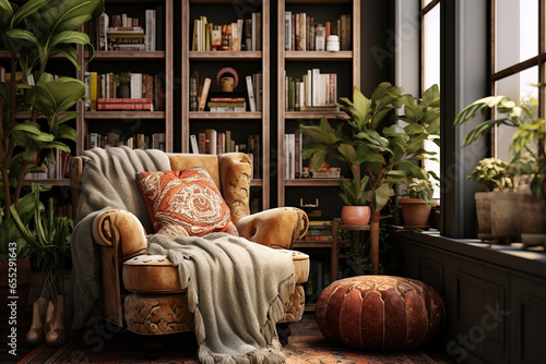 A bohemian reading nook with a bookshelf, a plush velvet armchair, and an assortment of patterned throw pillows, in a retro-style knitted cozy living room in beige and coffee. © RBGallery