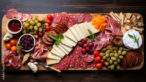 an artful image of a charcuterie board, showcasing an assortment of cured meats, artisanal cheeses, and accompaniments, on a white wooden platter