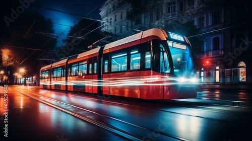 Generative AI image of a Electric train passing at night. electric train at night in the main street road, slight motion blur. Abstract motion blurred electric train passing at night in the main stree