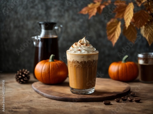 Pumpkin cream cold brew latte autumn leaves commercial light