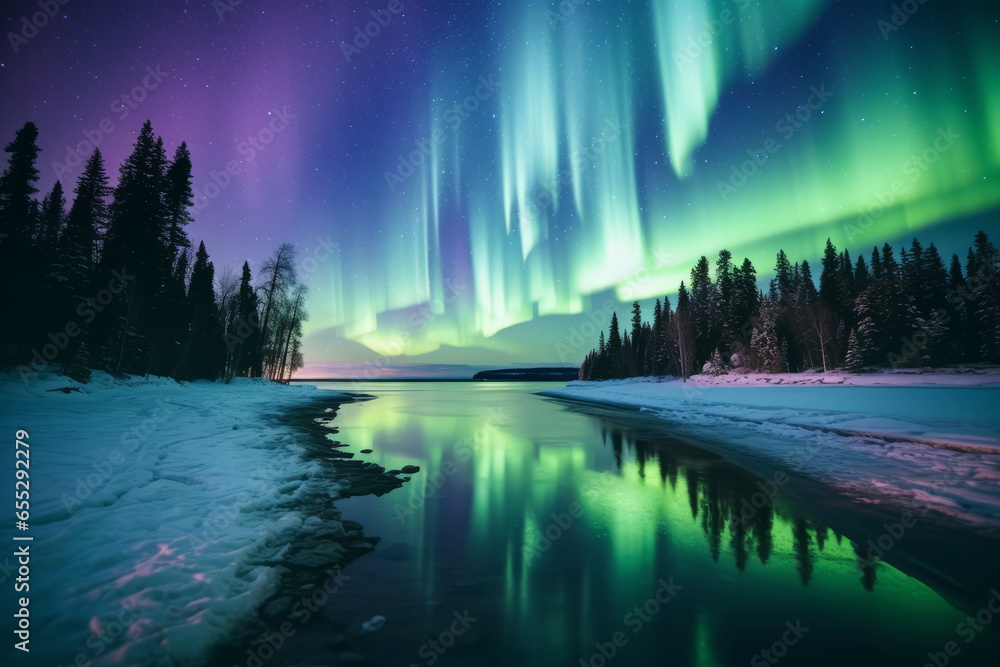 Aurora Borealis, Northern Lights in a night sky over a northern winter ...