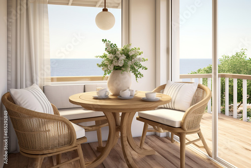 A breezy coastal dining nook, with a round wooden table, white wicker chairs, and nautical tableware © RBGallery