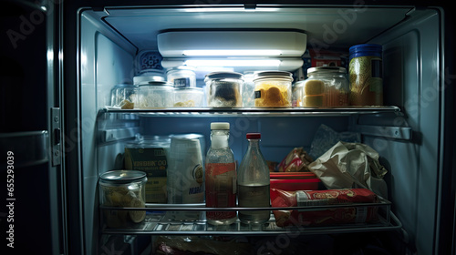 student fridge, stocked refrigerator filled with a variety of food and condiments, dark light, junk food  photo