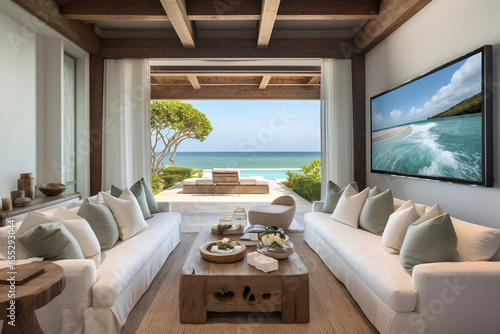A coastal home theater with comfortable white slipcovered seating, a large screen surrounded by beach-themed artwork, and a ceiling with wooden beams © RBGallery
