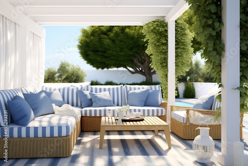 A coastal outdoor patio with a white pergola, rattan furniture, blue and white striped outdoor cushions, and potted plants.