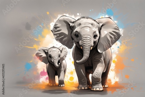 painting style illustration happy baby elephant with mother. ai generative