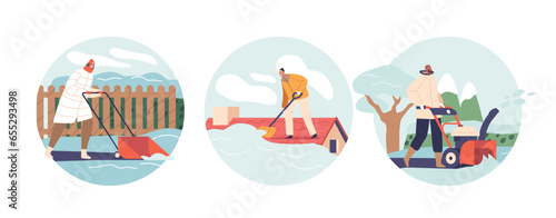 Isolated Round Icons with Characters Clearing The Cottage Yard and Roof Of Freshly Fallen Snow, Cartoon Illustration
