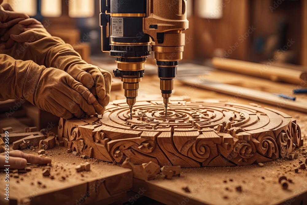 Wood art carving in automated carpentry. ai generative