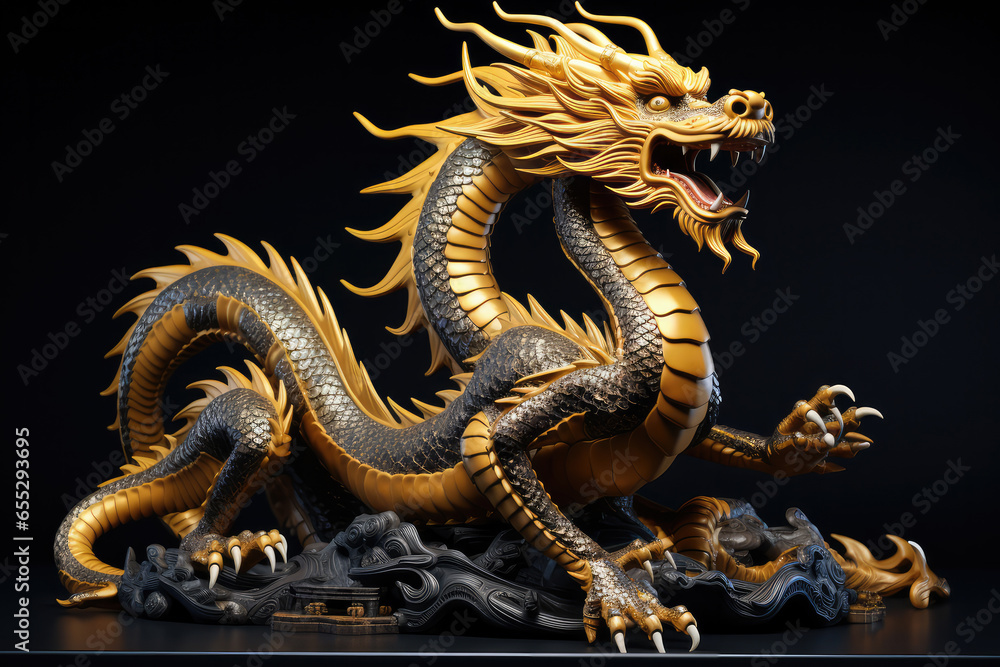Radiant Spectacle: Golden Asian Dragon in Exquisite Posture, A 3D Masterpiece