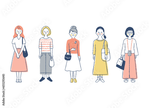 さまざまな女性５人　全身