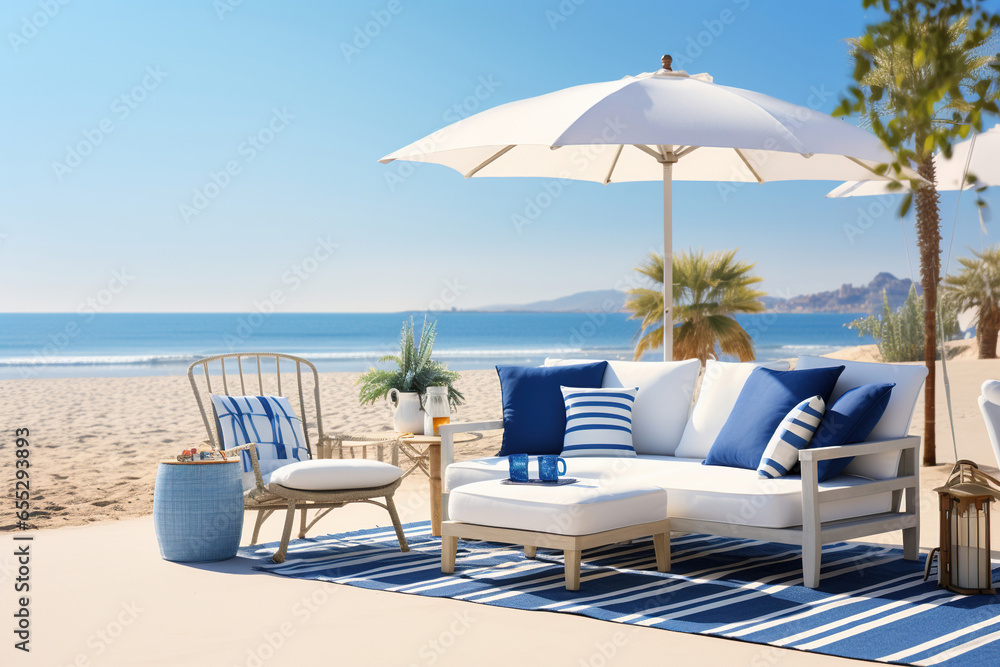 A coastal outdoor lounge area, with white and blue outdoor furniture, beach umbrellas, and a sandy beach area,  and cozy cotton blankets