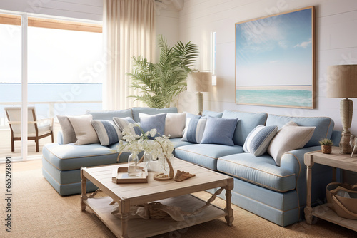 A coastal living room, with a light blue color palette, a comfortable seagrass sofa, and white pillows © RBGallery