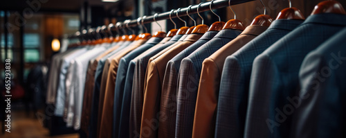 Men's suits on hangers in a store