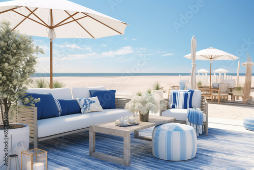 A coastal outdoor lounge area, with white and blue outdoor furniture, beach umbrellas, and a sandy beach area, and cozy cotton blankets
