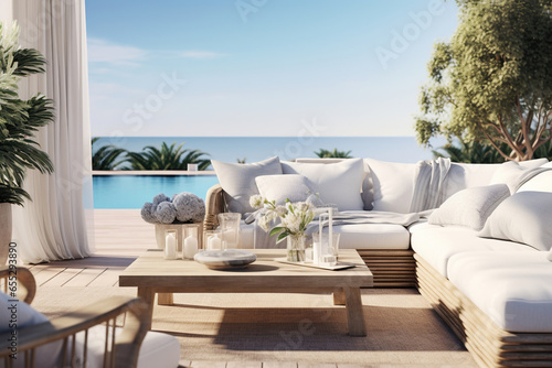 A coastal outdoor lounge, featuring white sofas, blue and white throw pillows, and a driftwood coffee table
