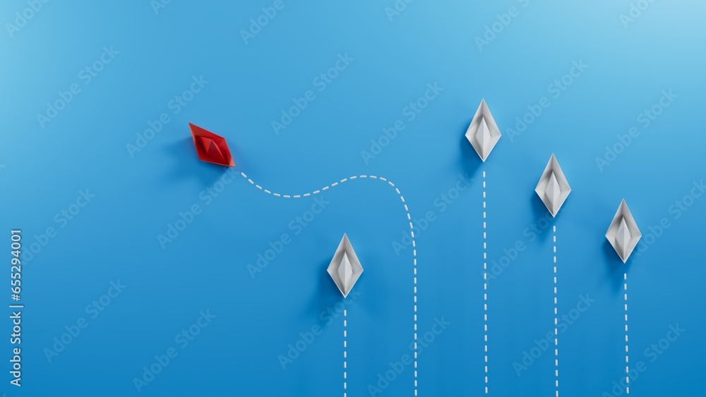Different business concept. Red paper boat changing direction from white paper boat. new ideas. paper art style. creative idea.3D rendering on blue background.
 - obrazy, fototapety, plakaty 