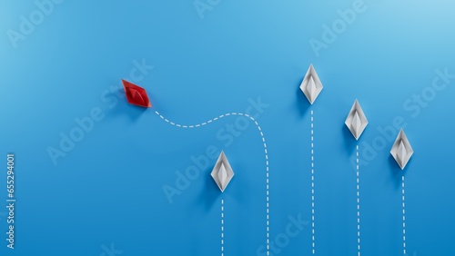 Different business concept. Red paper boat changing direction from white paper boat. new ideas. paper art style. creative idea.3D rendering on blue background.
