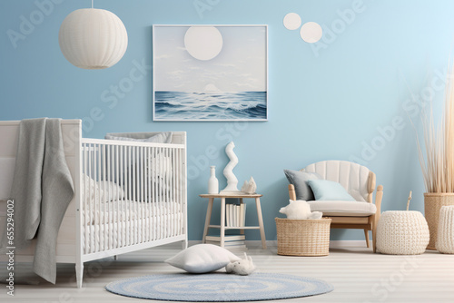 A coastal nursery indoors, featuring a white crib with soft blue accents, beach wall decals, soft upholstery, and playful, sea-themed artwork adorning the walls.