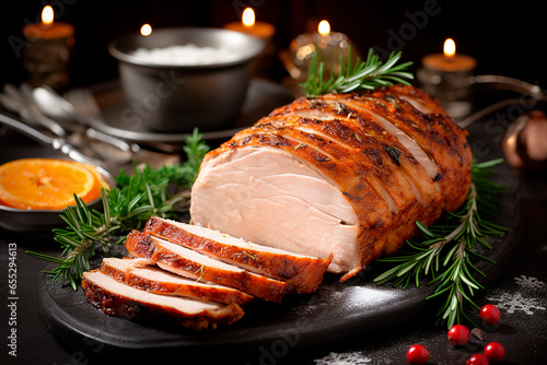 Christmas turkey ham roasted for festive dinner table. Meat dish, festive dinner.