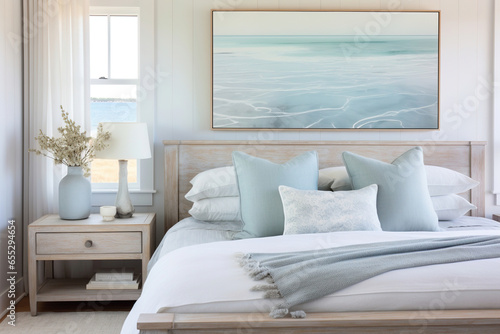 A serene coastal bedroom with a picture frame mockup, soft blue bedding, and abstract beach wall art. photo