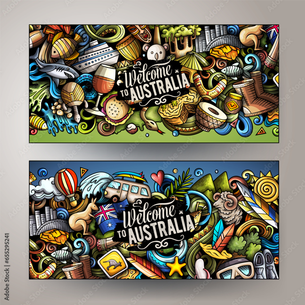 Cartoon vector doodle set of Australia banners templates