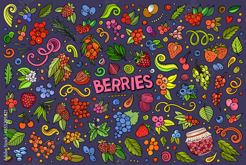 Cartoon Berry fruits objects and symbols doodle set
