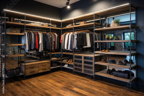 Industrial minimalist metal dark wooden walk-in wardrobe with clothes racks showcases a modern walk-in wooden wardrobe design photo