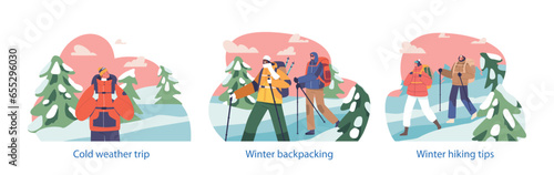 Isolated Elements with Adventurous Winter Hikers or Mountain Climber Characters Embark On A Snowy Journey With Backpacks