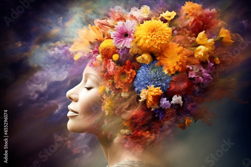 Abstract contemporary art collage portrait of a young woman with flowers on her head and hair