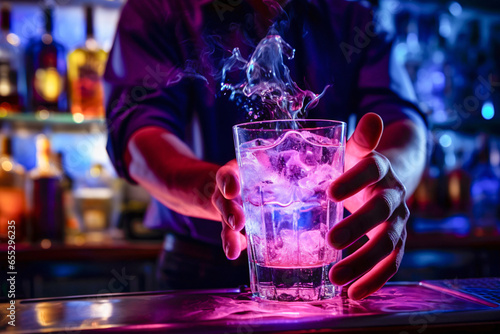 Close-up of hands holding a cocktail in a bar. Ai generated.