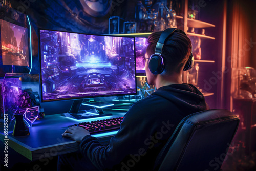 Young man playing with his computer in his room. Ai generated.