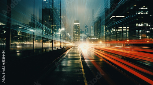 Night city highway with blurred traffic lights. AI