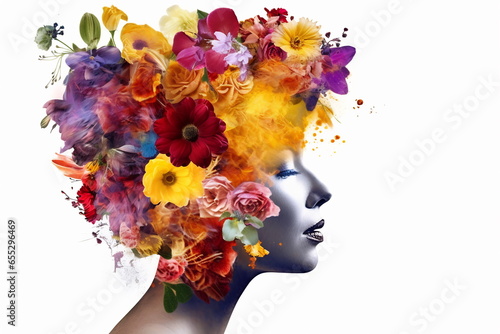 Abstract contemporary art collage portrait of a young woman with flowers on her head and hair © Canvas Alchemy