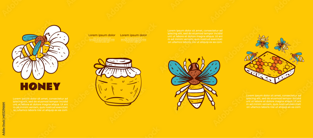 Honey bee poster flyer layout presentation brochure beekeeping honeycomb concept. Vector flat graphic design illustration