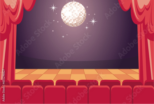 Cinema theatre audience stage with red curtain show time concept. Vector flat graphic design illustration
