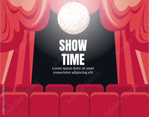 Cinema theatre audience stage with red curtain show time concept. Vector flat graphic design illustration
