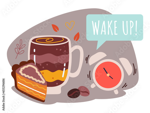 Morning coffee time cup mug clock alarm concept. Vector flat graphic design illustration 
